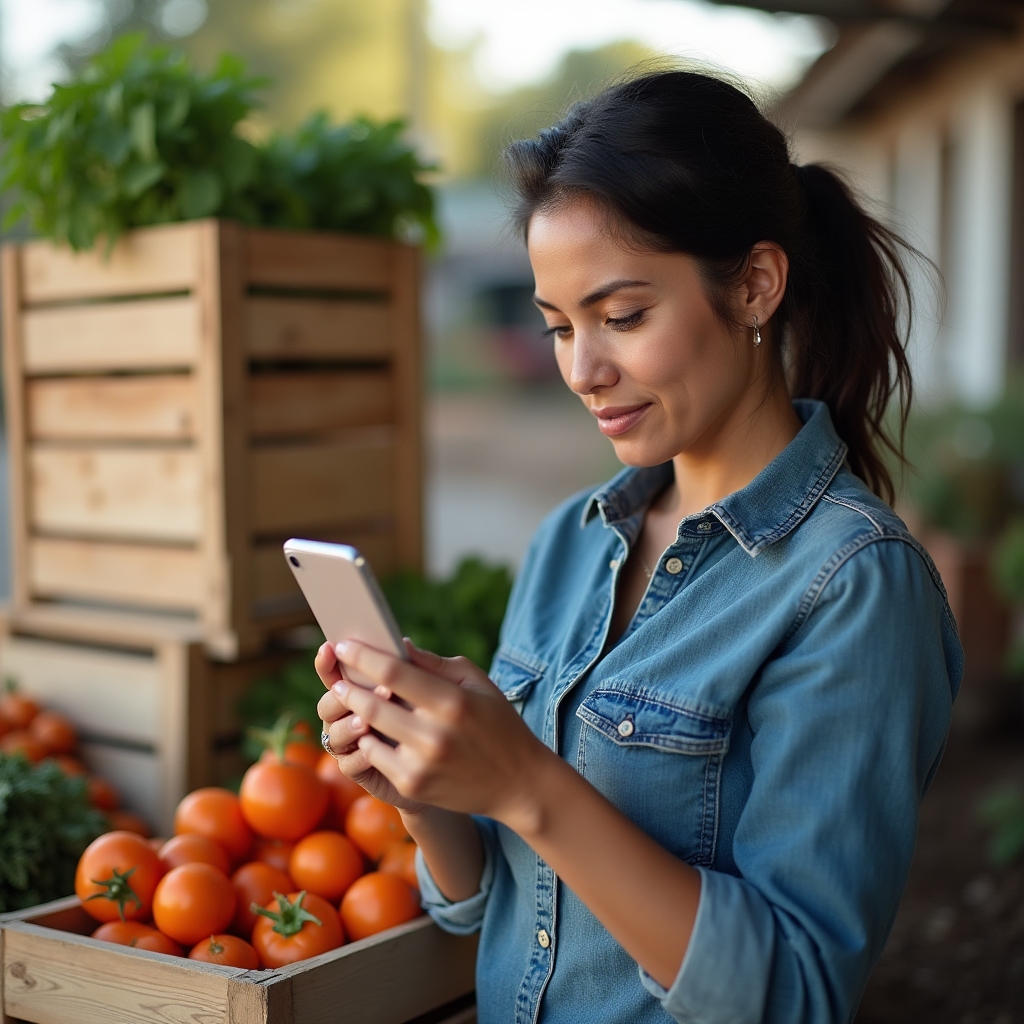 Agricultora revisando pedidos de venta directa en su teléfono móvil junto a cajas de producto
