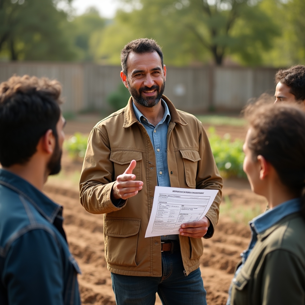 Formador explicando el uso de una hoja de registro a un grupo pequeño de agricultores en el campo