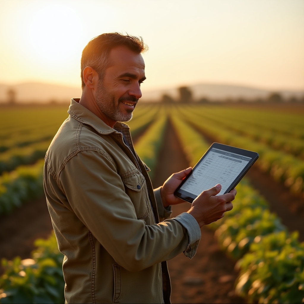 Agricultor revisando el registro de su producción en una tableta al aire libre