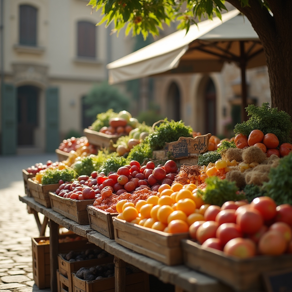 Mesa de mercado local con productos agrícolas variados y un pequeño cartel informativo de venta directa