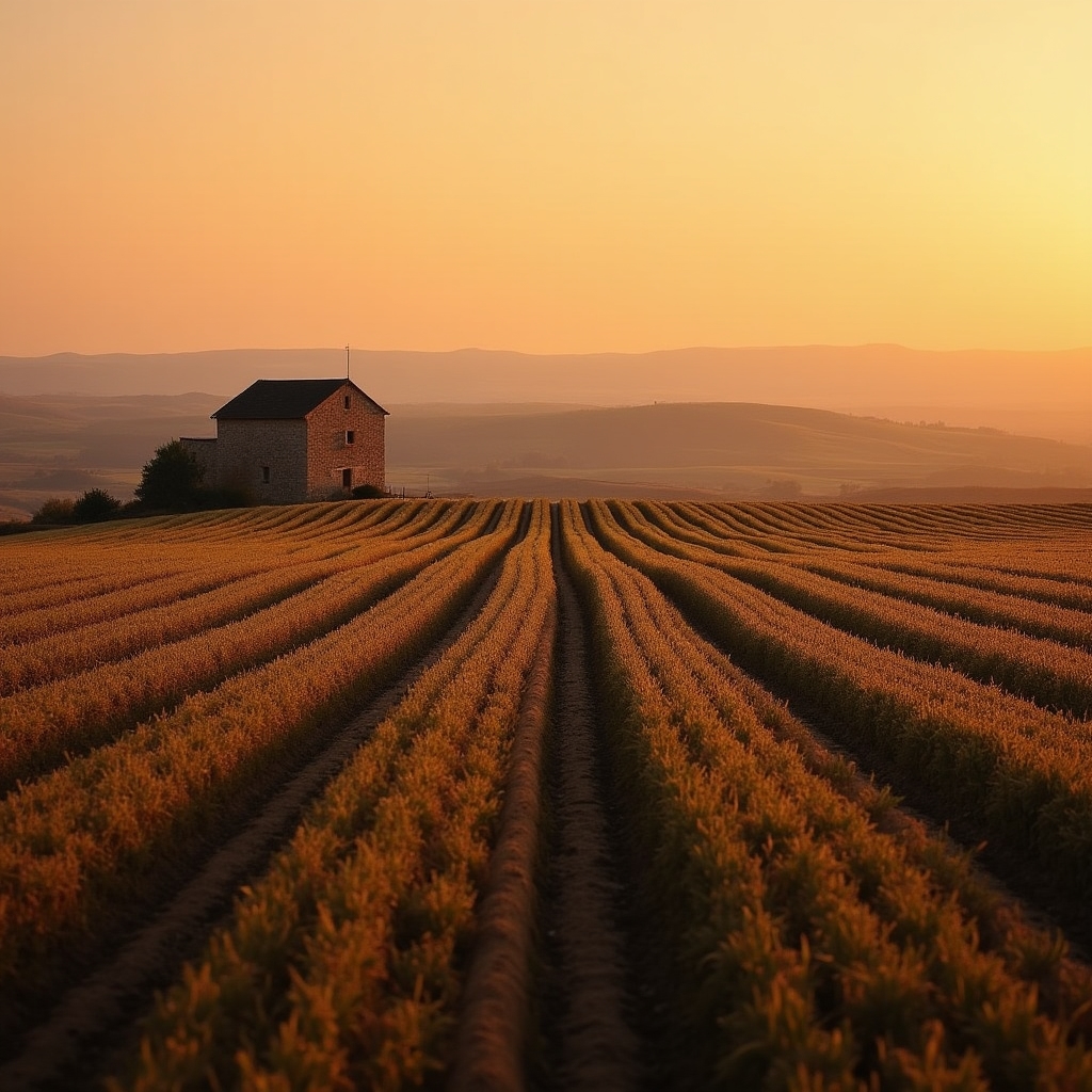 Paisaje rural al atardecer con campos cultivados y una pequeña construcción agrícola en el horizonte