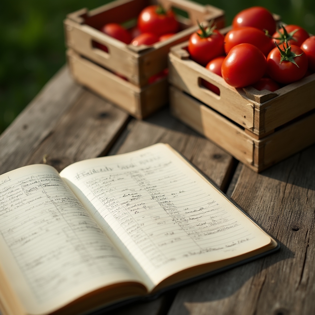 Cuaderno de campo y hoja de cálculo impresa junto a cajas de cosecha recién recogida