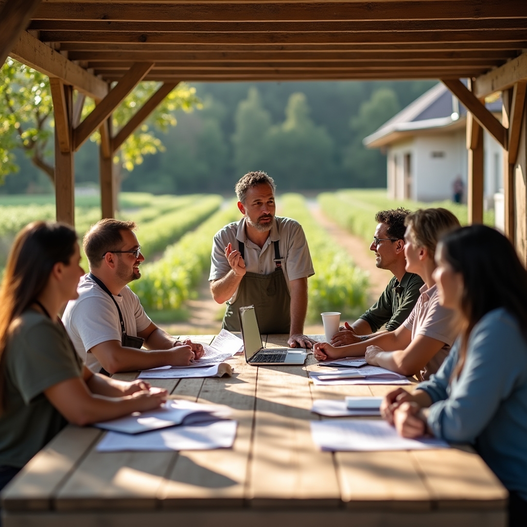 Grupo de agricultores y agricultoras participando en un taller formativo al aire libre junto a una mesa con materiales impresos