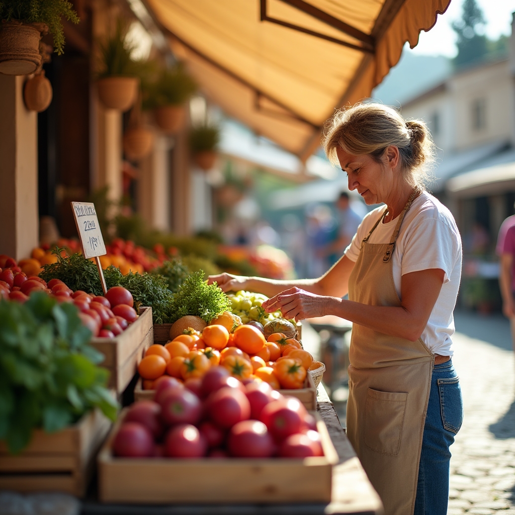 Puesto de venta directa en un mercado local con cajas de verduras y frutas etiquetadas